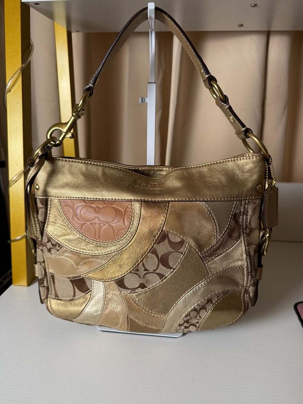 Coach Carly Signature Patchwork Gold Leather Shoulder Bag F14005